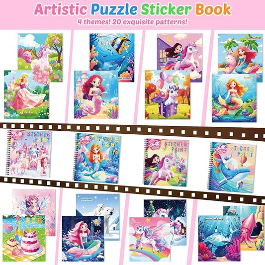 4Pcs Puzzle Sticker Book for Toddlers 3-8, Early Learning Paint by Sticker with Story - Travel Activity Puzzle Toy for Kids Screen Free Educational, Separation Anxiety - Airplane Car Road Trip Gifts
