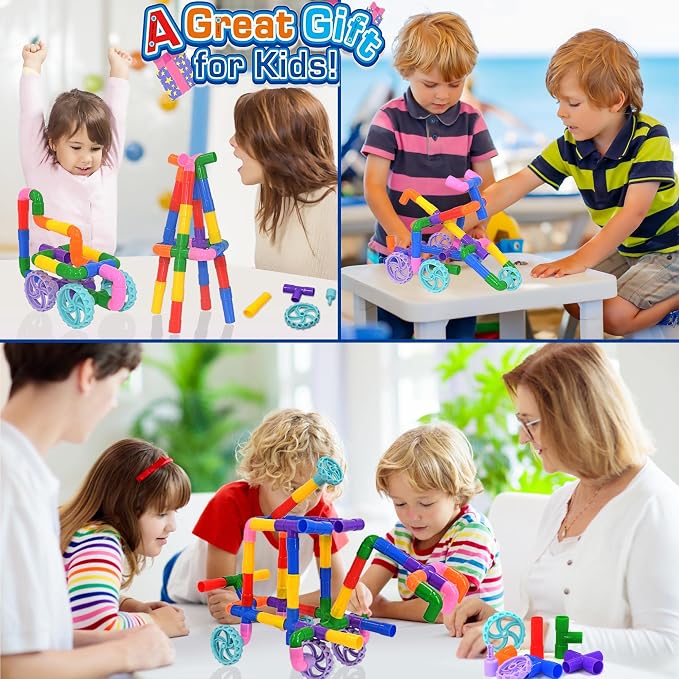 FUBAODA STEM Learning Pipe Tube Toys, Tube Locks Construction Building Blocks 96 Pcs - Multicolor Educational Building Blocks Set with Wheels& Spouts & Joints for Kids Ages 3+ - Image 6
