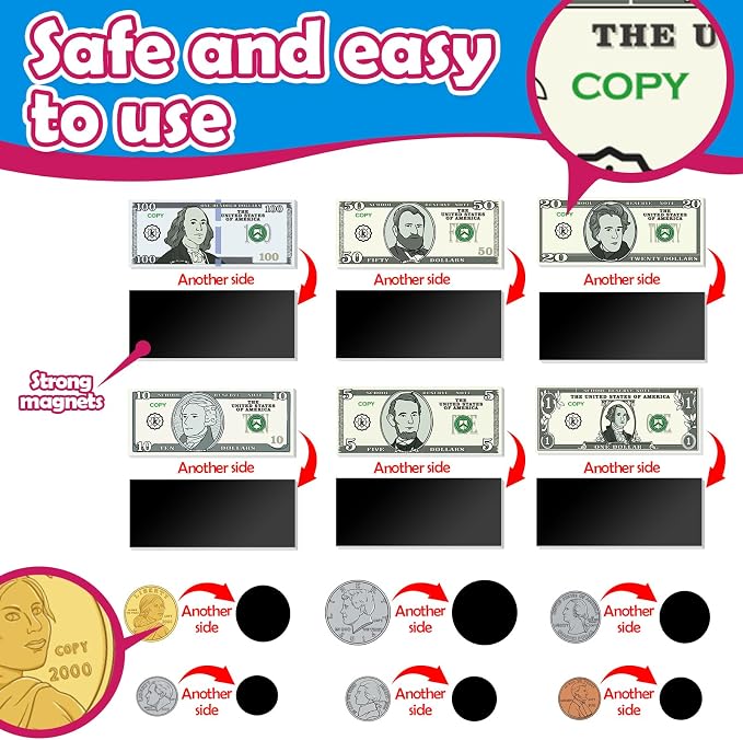 Kasfalci 73 PCS Magnetic Money for Kids for Learning, Back to School Supplies, Learning & Education Toys for Classroom, Pretend Play, Math Games for Toddler, Teacher and Homeschool Supplies - Image 8