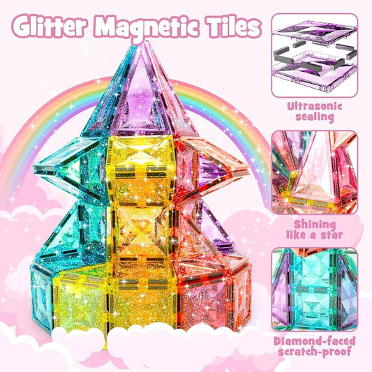 WMXDU Large Pastel Magnetic Tiles: Glitter Diamond Castle Building Set - Image 2