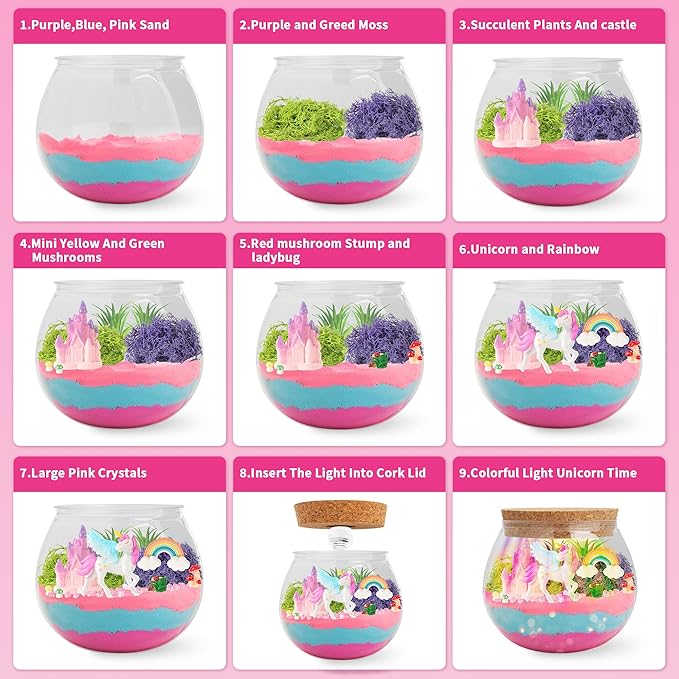 Unicorn Light-Up Terrarium Kit Toys for Kids - Not Fragile - LED Birthday Gift for Girls Ages 4 5 6 7 8-12 Year Old - Unicorn Toys for Girls - DIY Arts and Craft Kits with Stickers (Round)