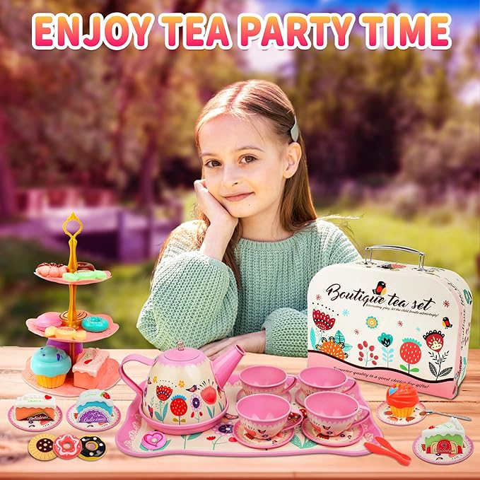 SMILESSKIDDO 46pcs Princess Tea Party Set for Little Girls - Kids Kitchen Pretend Play Toys - Toddler Tea Party Sets for Girls 3-5, Gift for 3 4 5 6 Girl(Garden)
