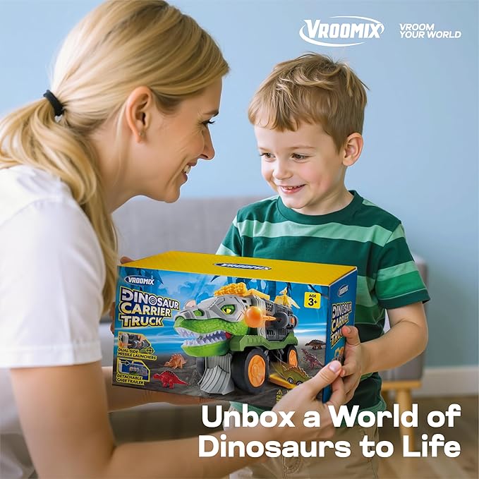 Jova Vroomix Dinosaur Toys for Kids 3-5, Dinosaur Carrier Truck with 2 Pcs Cars and 6 Pcs Figures for Toddlers, Birthday Gifts Toys for 3 4 5+ Year Old Boy, Christmas Great Gifts for Grandkids