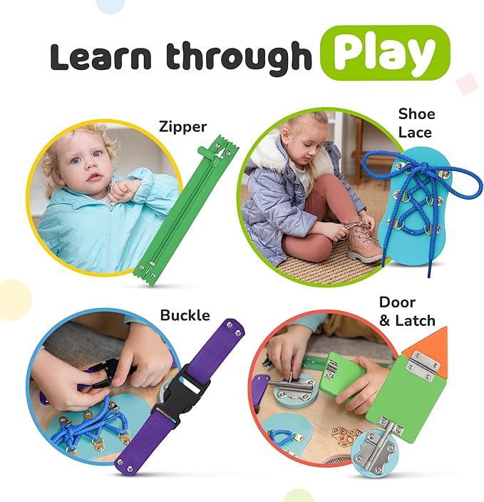 Sensory Busy Board for Toddlers, Premium Wooden Toddler Busy Board for 1 2 3 Year Old with 10 Educational Activities for Fine Motor Skills, Fidget Activity Toy for Travel Toy (Multicolored - Large)