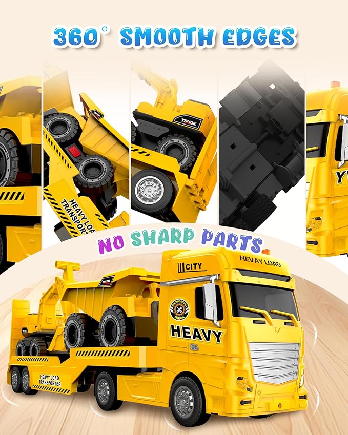 Construction Carrier Truck Toy with Excavator and Dump Truck, Friction Powered Toddler Toys with Light and Sounds, Gifts for Age 3+Years Old Boys & Girls
