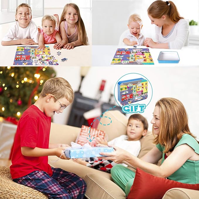 LELEMON 100 Pieces Jigsaw Puzzles in a Metal Box for Kids Age for 4-8 Boys Girls Toy Puzzles Fire Truck Ambulance Police Car Fireman Children Learning Educational Puzzles Toys - Image 7
