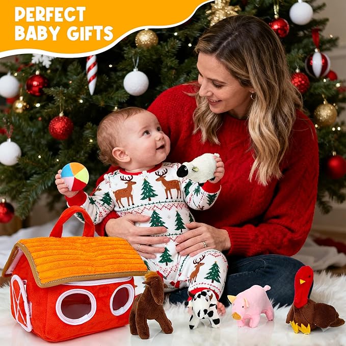 Baby Toys 6-12 Months - Montessori Sensory Farm Set - Soft Stuffed Animals with Rattle Squeak Safe Mirror - On-The-Go Toddler 1-3 Year Old Boy Girl Birthday Gifts (Orange)