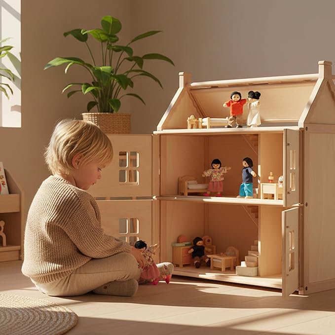 PlanToys® Wooden Dollhouse Family Set – Fair Skin Tone | 4 Poseable 1:12 Scale Doll House People | Montessori Pretend Play Figurines | Eco-Friendly Sustainable Wooden Toy for Kids