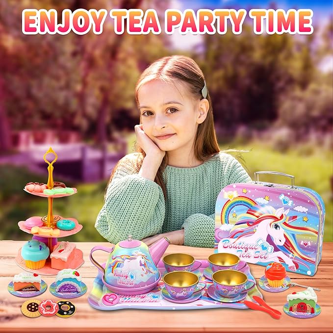 SMILESSKIDDO 46pcs Princess Tea Party Set for Little Girls - Kids Kitchen Pretend Play Toys - Toddler Tea Party Sets for Girls 3-5, Gift for 3 4 5 6 Girl(Unicron)