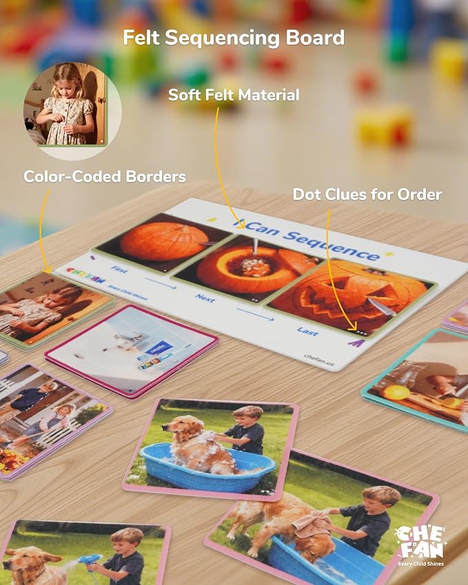 CHEFAN Sequencing Cards for Kids, Speech Therapy Sequence Game with Board, Preschool Kindergarten Storytelling Sentence Building Learning Activities (3 Steps) - Image 8
