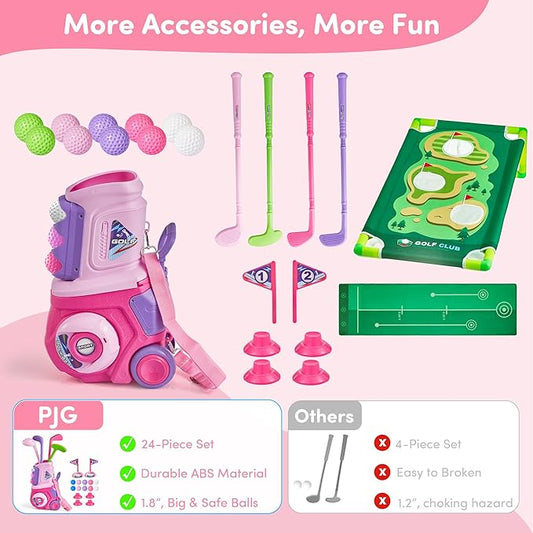 PJG Toddler Golf Set with Mat & Cornhole Board, Plastic Kids Golf Clubs 3-5 with 4 Golf Clubs and 10 Balls, Golf Toy with Cart for Boys and Girls Aged 1 2 3 4 5 Years Old Birthday (Pink)