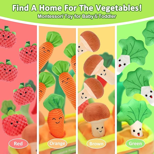 Baby Toys for 6-12 Months, Fruits Vegetables Plush Montessori Toys, Color Shape Sorting Crinkle Rattle Textures Sensory Toy, Fine Motor Skills Christmas Baby Gift for 0+ Boys Girls
