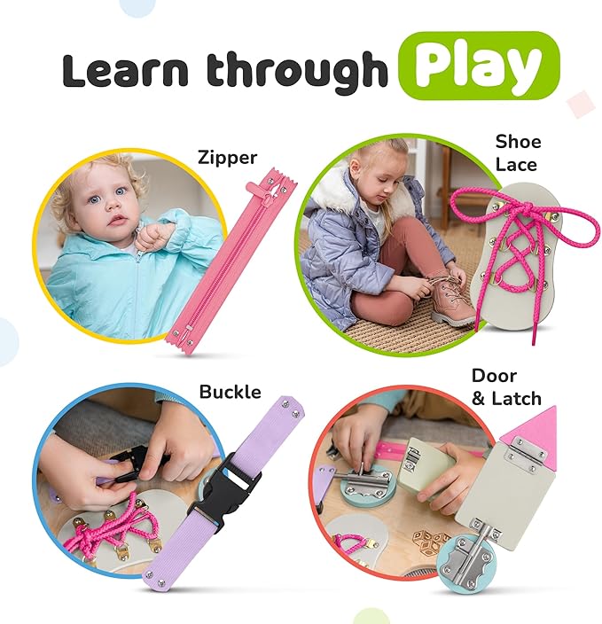 deMoca Sensory Busy Board for Toddlers, Premium Wooden Toddler Busy Board for 1 2 3 Year Old with 10 Educational Activities for Fine Motor Skills, Fidget Activity Toy for Travel Toy (Coral - Large)