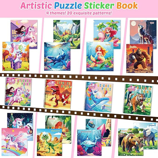 4Pcs Educational Sticker Puzzle Book for Kids, Travel Puzzle Sticker by Number Activity Books with Story - Airplane Car Road Trip for Girls Kids Early Learning, Screen Free, Separation Anxiety Gifts