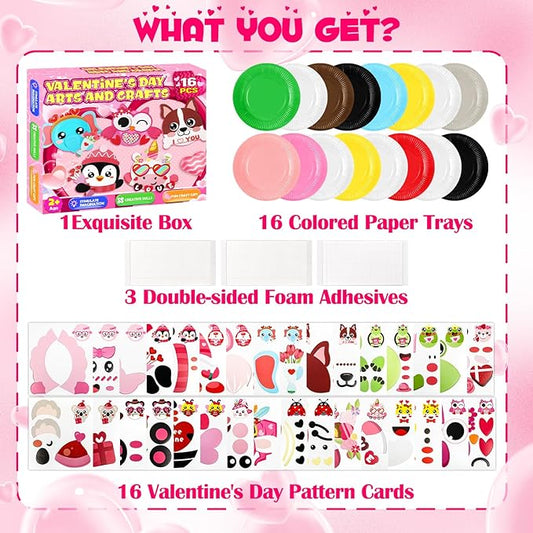 16 Pack Valentines Day Crafts for Kids, Toddler Crafts Paper Plate Art Kit Gift for 3 4 5 6 Year Old Boys Girls DIY Kids for Birthday Party Favor Preschool Classroom Party Games 