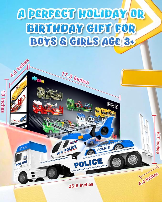 Toddler Boy Toys for 3 + Year Old, Large Semi Truck Toy with Racing Car and Helicopter Toy๏ผ Police Car Toy, Birthday for Kids Child Over 3 Years Old, 25''