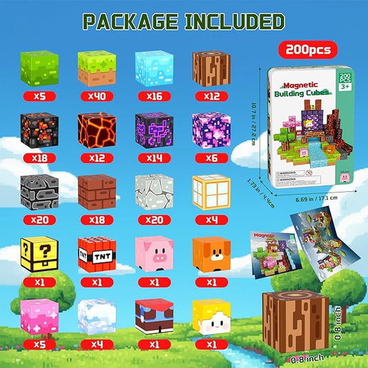 OUGUI 200 PCS Magnetic Blocks Building Block Kids - Magnet Cubes Boy Girl Constructions Toys STEM Montessori Educational Stacking Sensory Toy for Ages 3 4 5 6 7 8 9 10 11 12 Christmas Birthday Gift