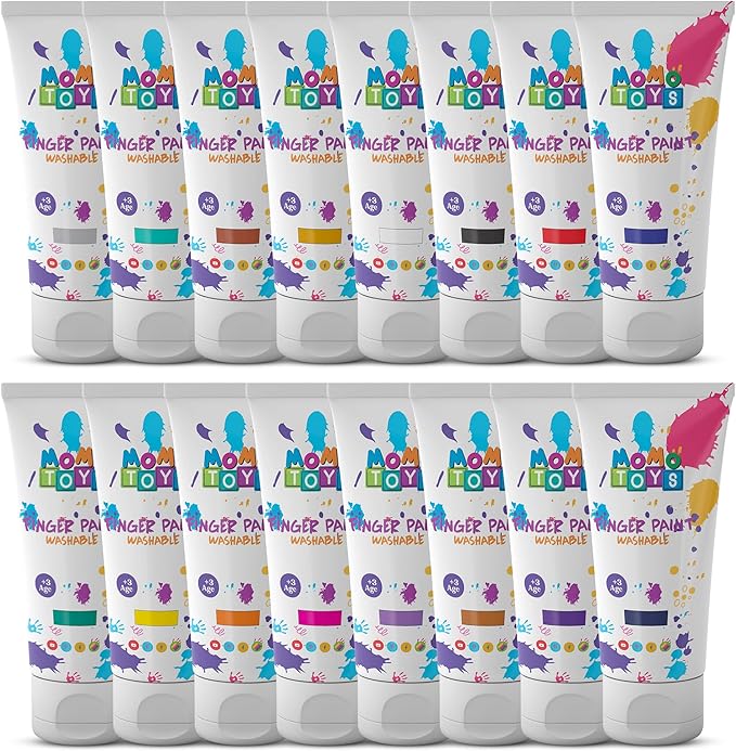 Kids Finger Paint Set with 16 Vibrant Colors, Includes 4 Metallic Tones – Non-Toxic Washable Finger Paint for Toddlers 1-3 – Daycare Essentials, Preschool Art Supplies, Toddler Crafts