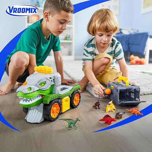 Jova Vroomix Dinosaur Toys for Kids 3-5, Dinosaur Carrier Truck with 2 Pcs Cars and 6 Pcs Figures for Toddlers, Birthday Gifts Toys for 3 4 5+ Year Old Boy, Christmas Great Gifts for Grandkids