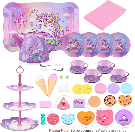 Auney Tea Set Toys for Girls 36pcs, Unicorn Tea Party Toy Pretend Play Toddler Toys, Girls Toys for Birthday Including Carrying Case (Pink Purple Unicorn)