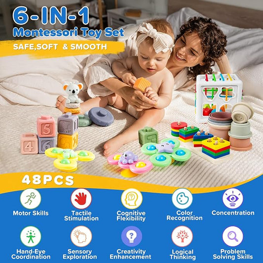 6-in-1 Baby Toys 6 to 12 Months, Montessori Toys for Babies 6-12-18 Months, Infant Teething Toy Stacking Blocks Rings Sensory Bin, Sorting Sensory Educational Learning Gift for Toddlers Aged 1-3 - Image 2