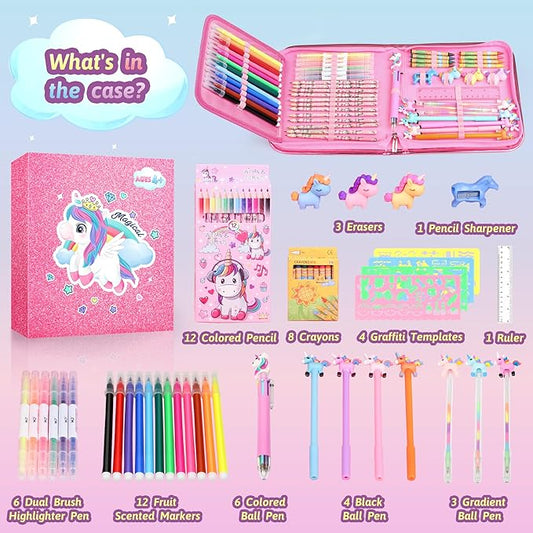 beefunni Unicorn Fruit Scented Markers Set 56 Pcs, Art Supplies for Kids 4-6-8, Arts and Crafts Coloring Set, Markers Pencil Crayon&Gel Pen Drawing Kits - Birthday Gifts for Girls 4 5 6 7 8 Year Old