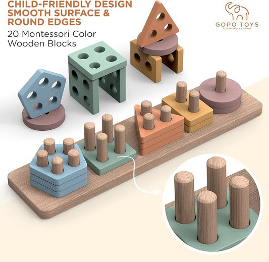 GOPO TOYS Montessori Toys for 1+ Year Old – Wooden Shape Sorter & Stacking Puzzle – Toddler Learning, Fine Motor Skills & Developmental Toy for Boys & Girls - Image 2