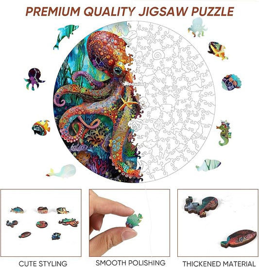 Reouinty Wooden Puzzle for Adults, Octopus Jigsaw Puzzles 200 Piece, Unique Shape Animal Adult Puzzles, Irregular Wood Puzzles Best Gift for Adults Family Game 11.2 x 11.2 in