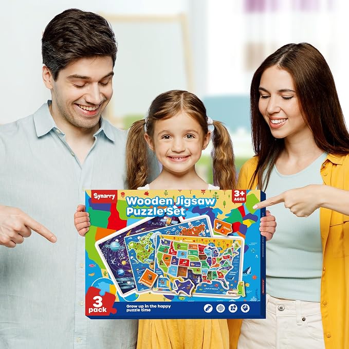 SYNARRY Large USA World Solar System Wooden Puzzles for Kids Ages 4-6, Wood Jigsaw Puzzles Educational Games Toys Gifts for Toddlers, Learning United States World Space Maps for Boys Girls Ages 3-8 - Image 7