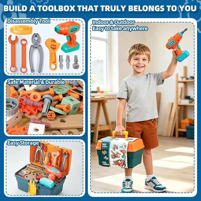 VEAIS Kids Tool Set with Drill, 148 PCS STEM Building Tools with Storage Box Plastic Todder Tool Set for Boys and Girls Age 3 4 5 6 7 8 Years - Image 9