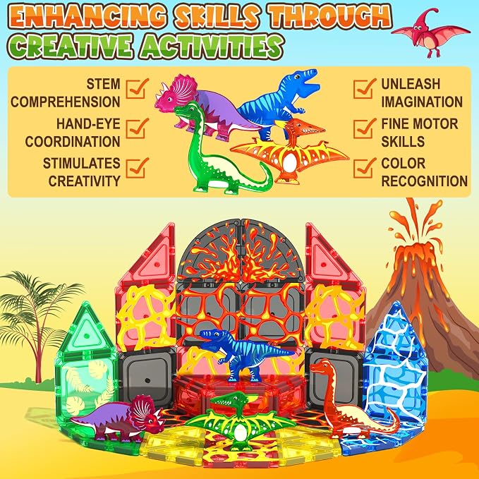 Magnetic Tiles Lava Dinosaur Toys Magnetic Blocks Building Set for Kids 3+ - Image 7