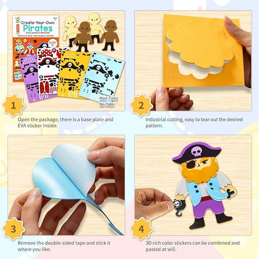 VKPI 4 Pieces EVA Foam Art Crafts Gift Kit, Creative Make Your Own Pirates, Cartoon Foam Paper Craft Projects for Kids Ages 4+ Toddler, Preschool Learning Toy for Birthday Party Favor Supplies