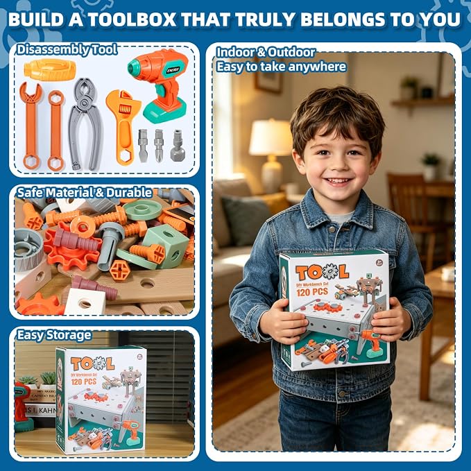 VEAIS Kids Tool Set with Drill,120Pcs Tool Set with ToolBench,Montessori Toy for 3+Year Old,Educational STEM Construction Toys for Ages 3-6,Pretend Play Kids Toys 3-5 Year Old Birthday Gift - Image 9