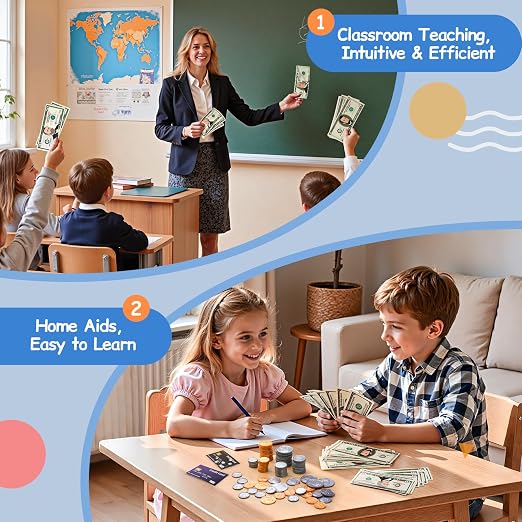 Play Money Set for Kids with Bills & Coins,Pretend Play Cash for Homeschool, Game Currency for Education, Board Games - Image 7