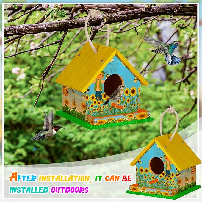 Liliful 36 Sets Wooden DIY Birdhouse Kit Unfinished Bird Houses with Paints and Paintbrushes Bird Feeder Craft Arts for Boy or Girl Classroom Activity and Christmas Kids Wooden Craft Gifts