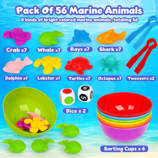 Sorting Colors Sea Animals Counting Toys with Matching Sorting Cups and Game Dices, Color Classification and Sensory Training Preschool Educational Learning Toys for Toddlers Kids Girls Boys Ages 3+ - Image 2