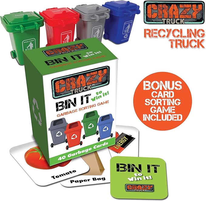 Crazy Truck 1:16 Scale Recycling Garbage Truck Toy with Lights & Sounds, 4 Recycle Cans, 40 Flash Cards, Tools – DIY Take-Apart for Kids – Realistic Mechanical Arm for Lift & Dump Trash Play