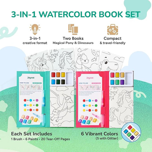 JoyCat 2 Pack Pocket Paint with Water Coloring Books for Kids, Art & Craft Activity Toy Set, Creative Travel & Home Painting Kit, Gifts for Girls & Boys Ages 3-8 (Magical Pony & Dinosaurs)