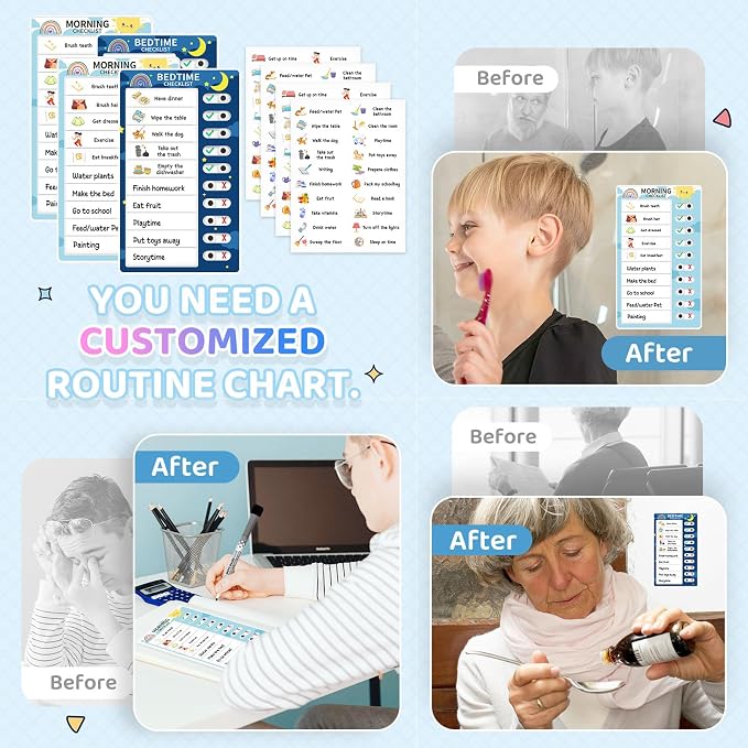 Chore Chart for Kids: Dry Erase Visual Schedule, Magnetic Bedtime/Morning Routine Chart - Toddler Chore Board, Checklist, To Do List for Kids (2 morning checklists, 2 bedtime checklists) - Image 6