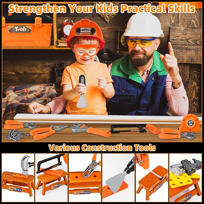 Realistic Kids Drill Tool Set with 48PCS Tools & Sound Effects, Portable Construction Toy for Toddlers Ages 3+ with Safety Gear, STEM Learning Pretend Play for Family Bonding Activities