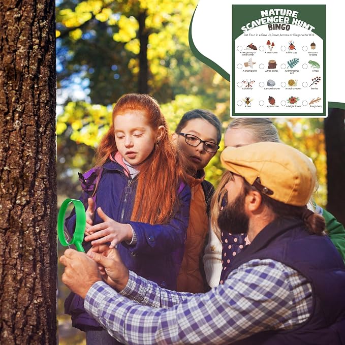 HyDren 45 Pcs 15 Set Nature Scavenger Hunt Game Kits, 15 Hunting Cards, 15 Magnifying Glass, 15 Pencils, 15 Organza Bags Family Camping Games Play for Nature Exploration Outdoor Activities Party Favor - Image 6