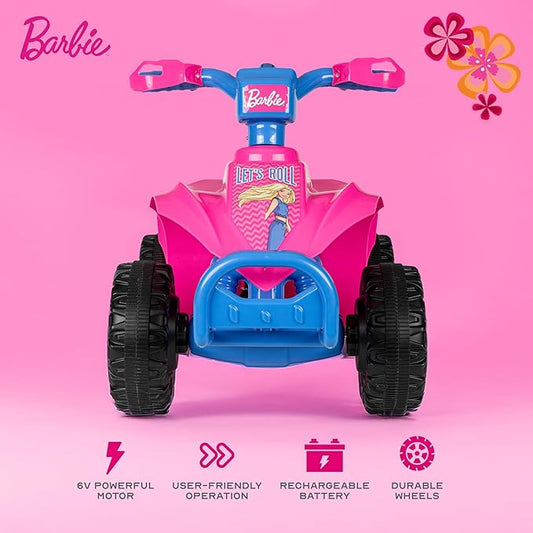Barbie - 6V ATV Quad for Kids, Powerful and Safe Ride-On Toy with Rechargeable Battery, Forward and Reverse Driving, Max Weight Capacity of 55 LBS, Ages 2-3 Years