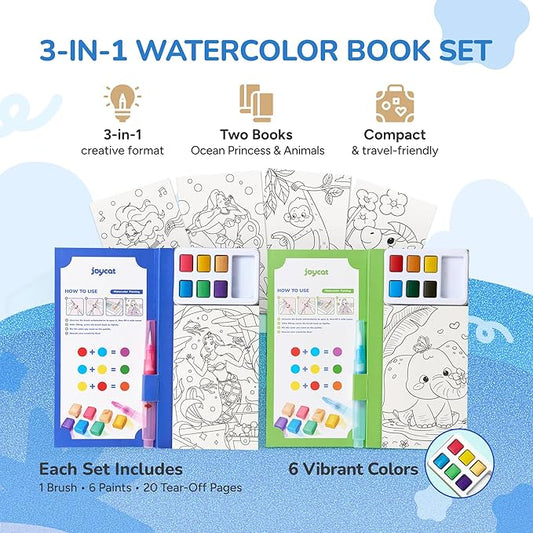 JoyCat 2 Pack Pocket Paint with Water Coloring Books for Kids, Art & Craft Activity Toy Set, Creative Travel & Home Painting Kit, Gifts for Girls & Boys Ages 3-8 (Ocean Princess & Animals)