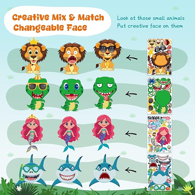 Stickers for Kids - 48 Sheets Make a Animal Face Stickers - Crafts Goodie Bags Stuffers Party Favors Activities Gifts for Kids Toddler Christmas Birthday School Classroom Supplies Age 4-8