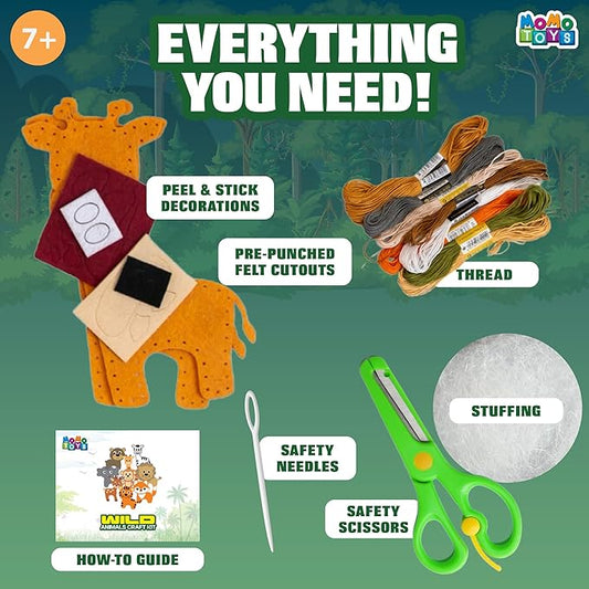 MOMOTOYS Wild Animals Beginner Sewing Kit for Kids Ages 7+ – Includes 9 Kids Sewing Projects with Tools & Art Supplies – DIY Felt Crafts for Girls & Boys – Gifts for 7, 8, 9, 10, 11, 12 Year Old
