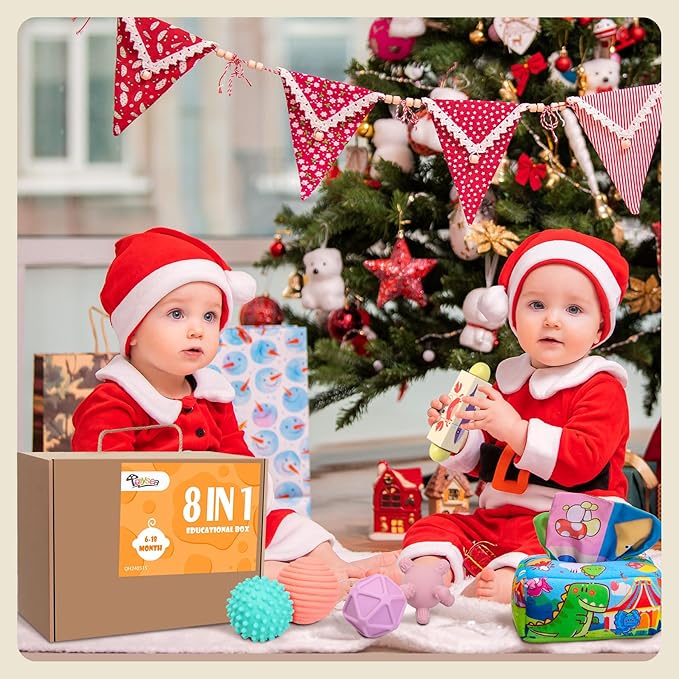 Montessori Toys for Babies 6-12 Months,1 Year Old,8 in 1 Baby Sensory Toy for 12-18 Months Toddler,Wooden Educational Development Toys with Soft Stacking Cup&Sensory Ball&Tissue Box