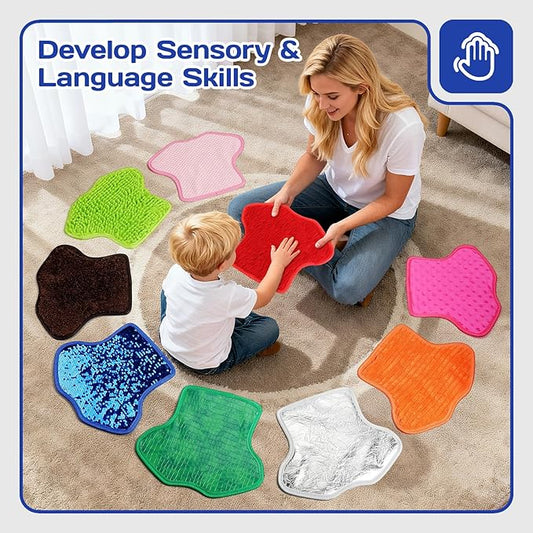Large Sensory Mats w/Guide & Cards(11''x 9''), Autism Sensory Products, T-Shirt Shaped Sensory Wall Panel for Kids, Ideal Sensory Tile Toys for Classroom/Home/Therapy Room
