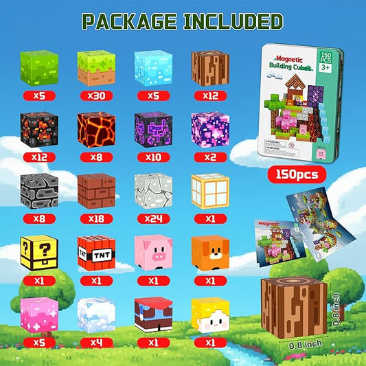 OUGUI 150 PCS Magnetic Blocks Building Block Kids - Magnet Cubes Boy Girl Constructions Toys STEM Montessori Educational Stacking Sensory Toy for Ages 3 4 5 6 7 8 9 10 11 12 Christmas Birthday Gift