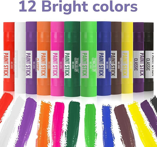 Zenacolor Tempera Paint Sticks - 12 Colors Kids Paints - Non-Toxic Washable Paint Sticks for Kids - Mess Free Quick Drying Art Supplies for Toddlers
