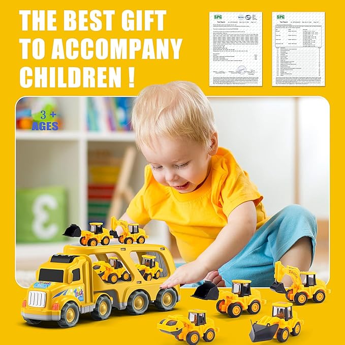 Veslier 9 in 1 Construction Truck Toys for Ages 3 4 5 6 Years Old,Vehicles with Sounds and Lights in Carrier Truck, Push and Go Toys Trucks,Birthday Gift for Toddler 3 4 5 6 Year Old.